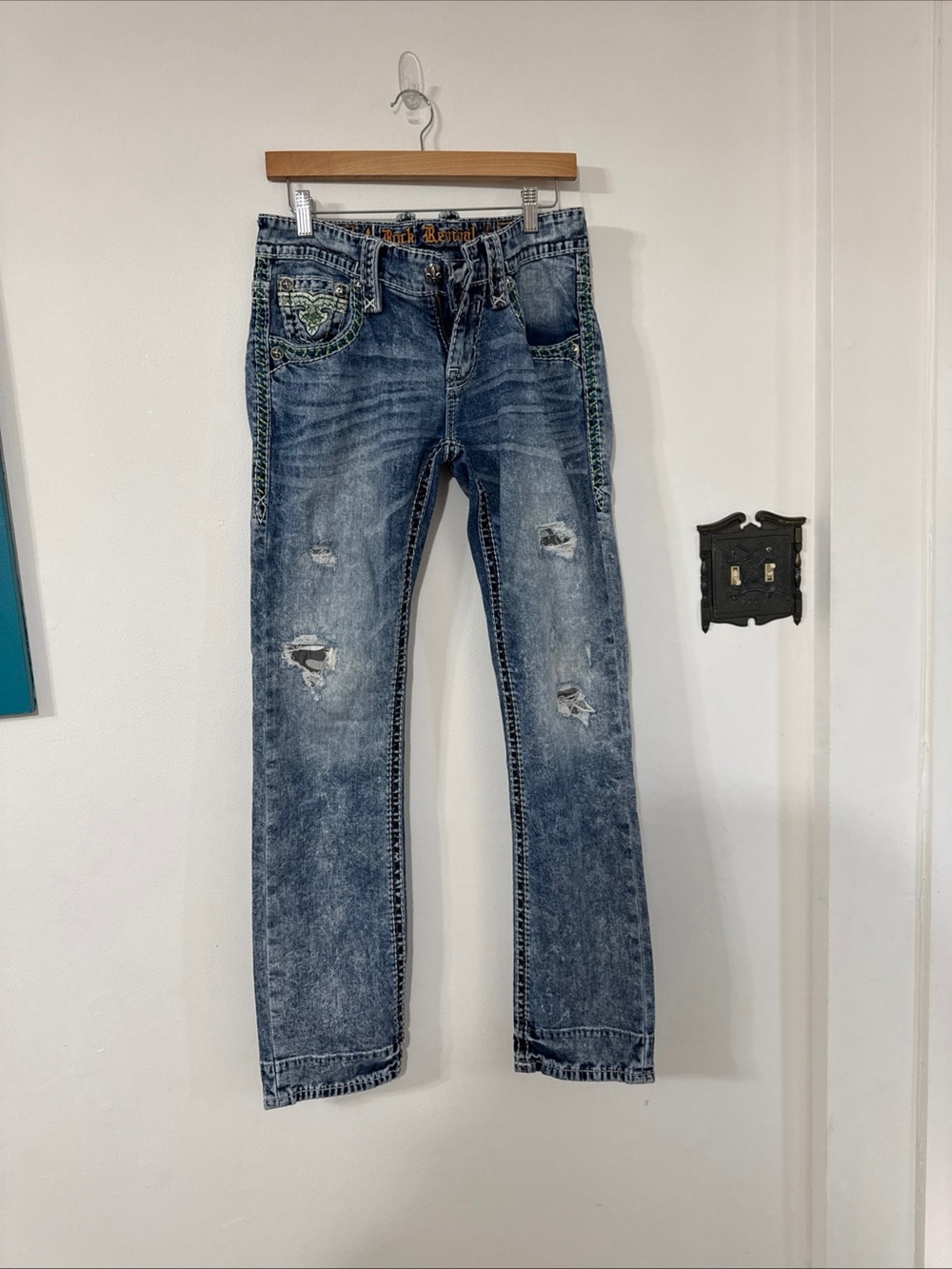 Rock Revival Distressed Blue Slim Straight Jeans with Embroidered Accents